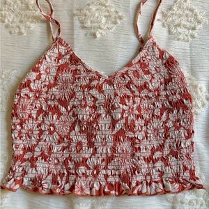 American Eagle Women's Red and White Smocked Top